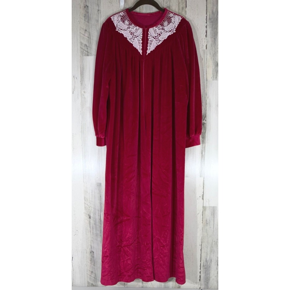 Vintage Velvet Maxi Gown HouseCoat Magenta Pink Lace Trim Grandma Granny Cottage